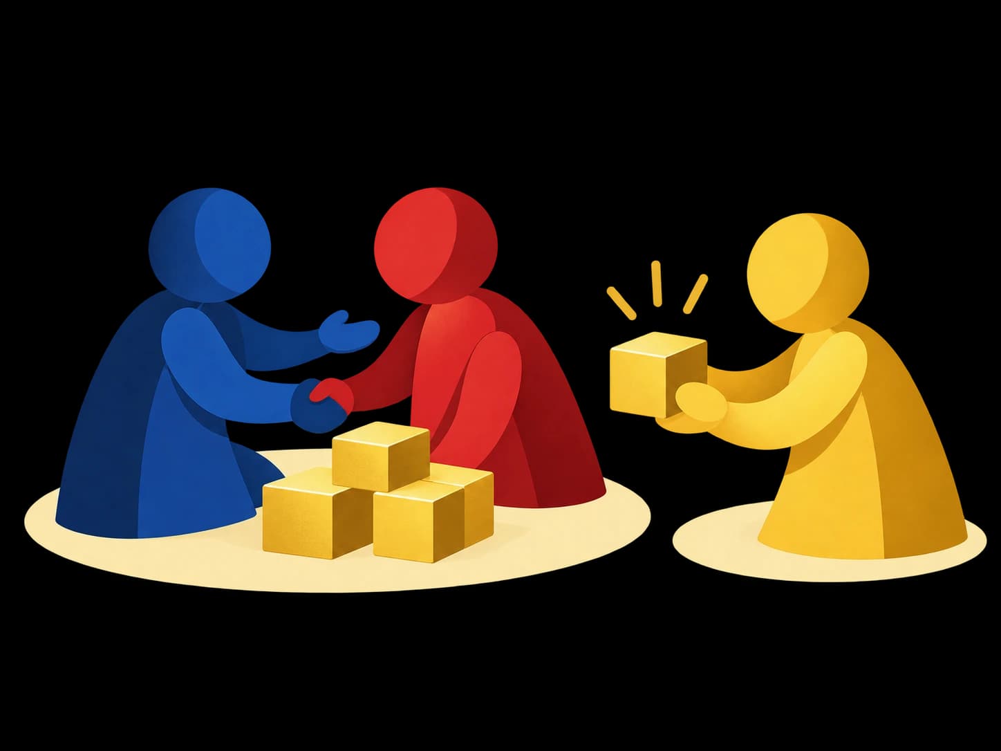 A blue player and a red player shaking hands beside a small stack of yellow cubes while a yellow third player holds out one more cube to join them.
