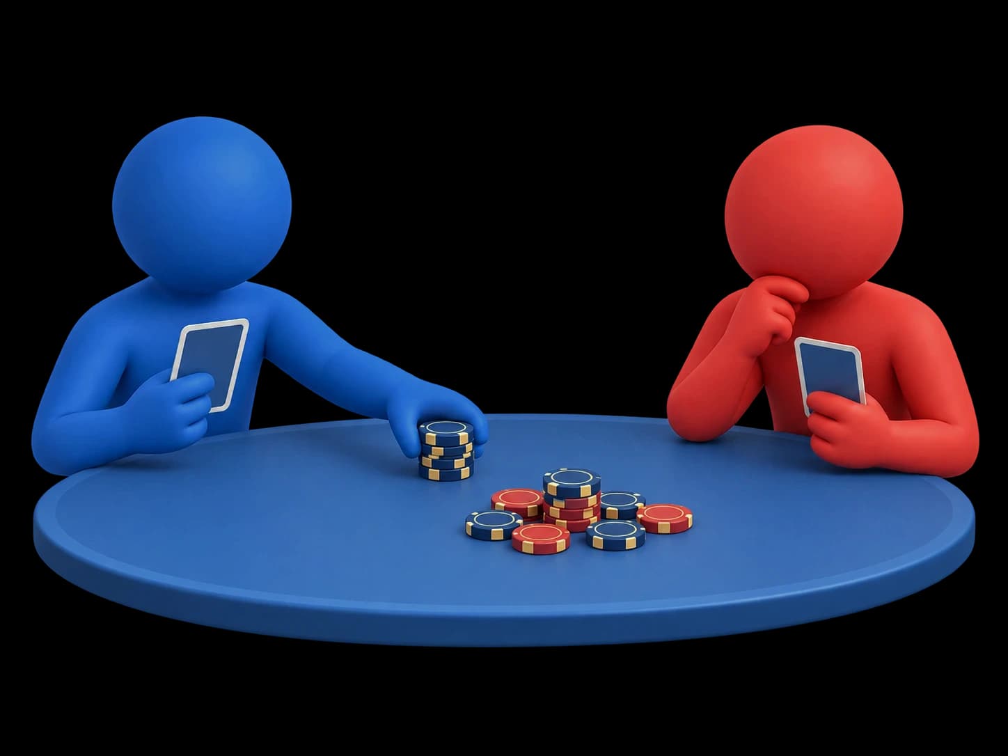 A blue player and a red player holding cards at a round blue table with a pile of chips between them.
