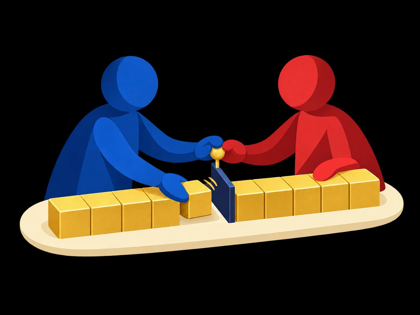 A blue player and a red player shaking hands over a dark divider, with a row of yellow gold bars split between them and one bar being slid across.