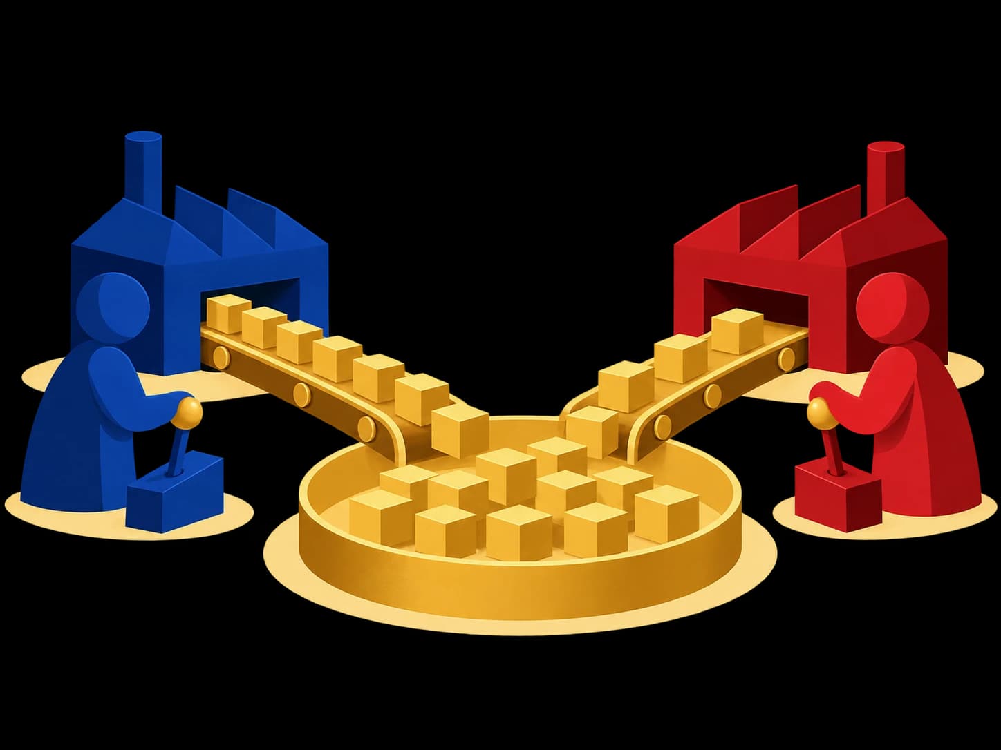 A blue factory and a red factory sending conveyor belts of yellow cubes into one shared golden market tray.