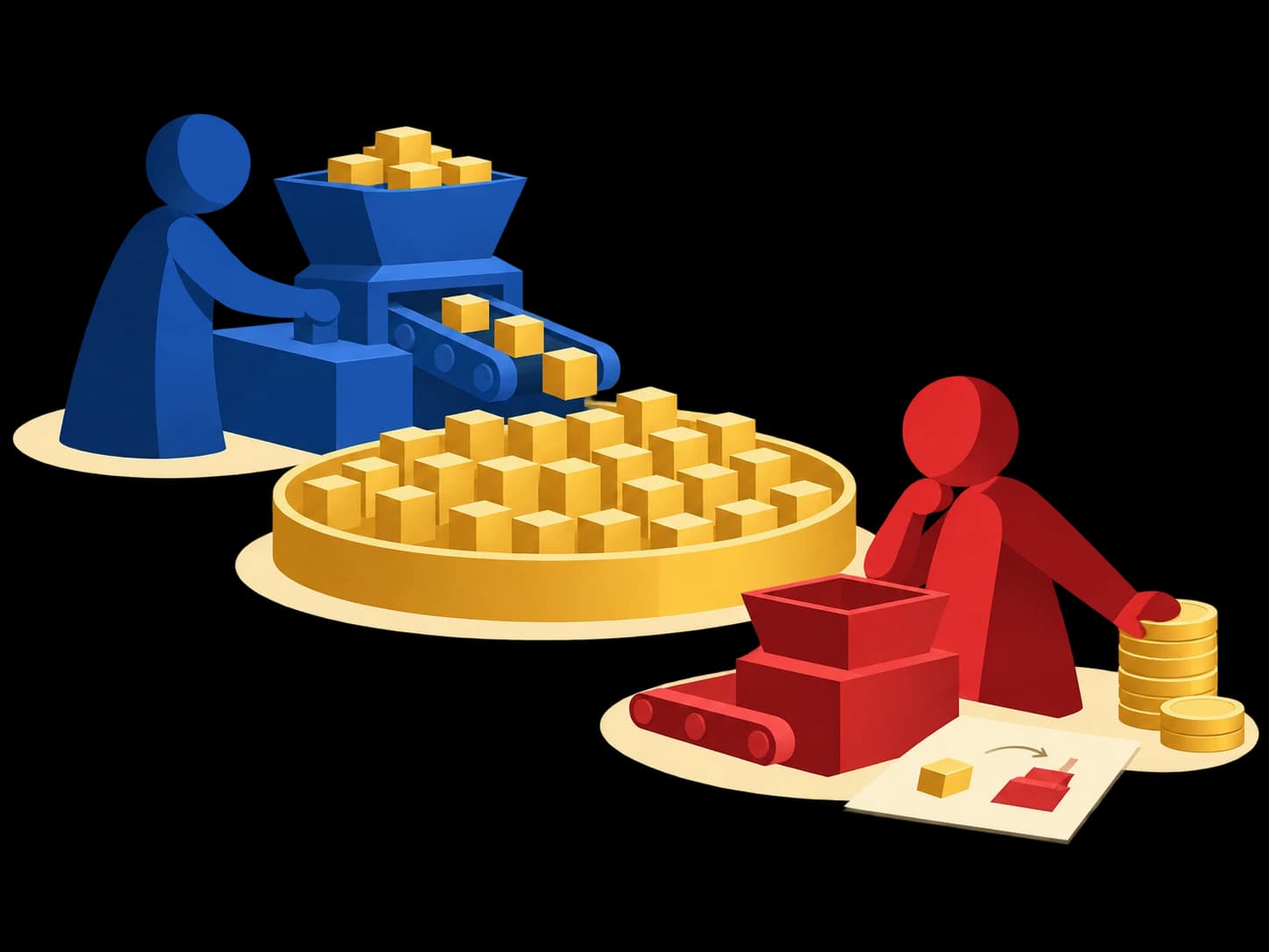 A blue incumbent factory filling a golden market tray with yellow cubes while a red entrant weighs whether to build a factory, with a stack of coins beside them.
