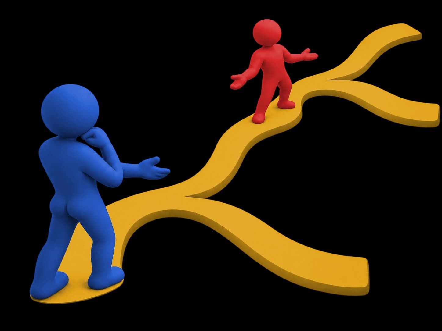 A blue player on a yellow path that forks while a red player stands on one of the branches.