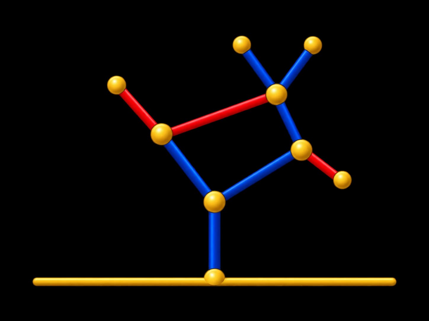 A rooted Hackenbush tree standing on the ground, with blue and red edges and yellow vertices.