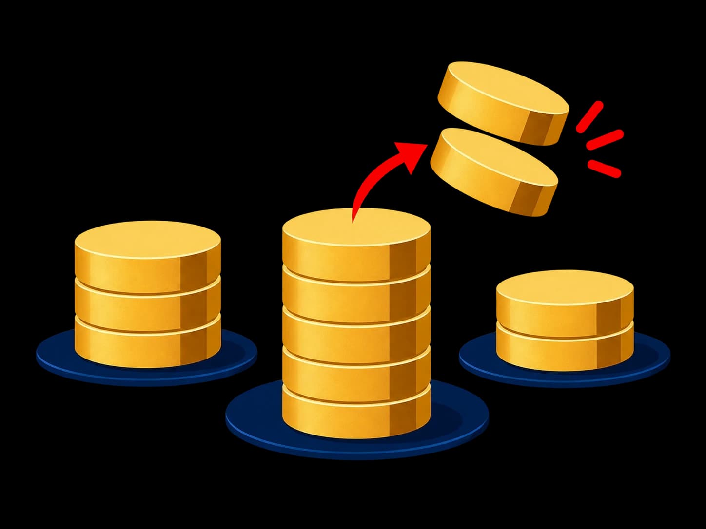Three piles of tokens, with two tokens being removed from the tallest pile.
