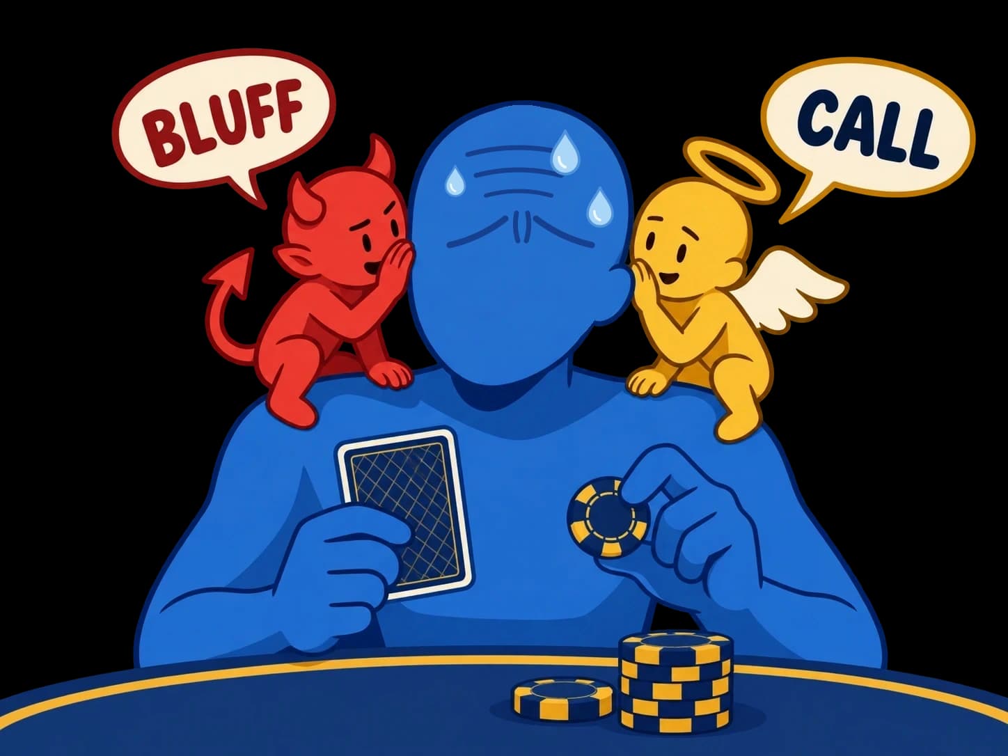 A sweating, anxious faceless blue player holding a card and a chip while a red devil whispers bluff and a yellow angel whispers call.