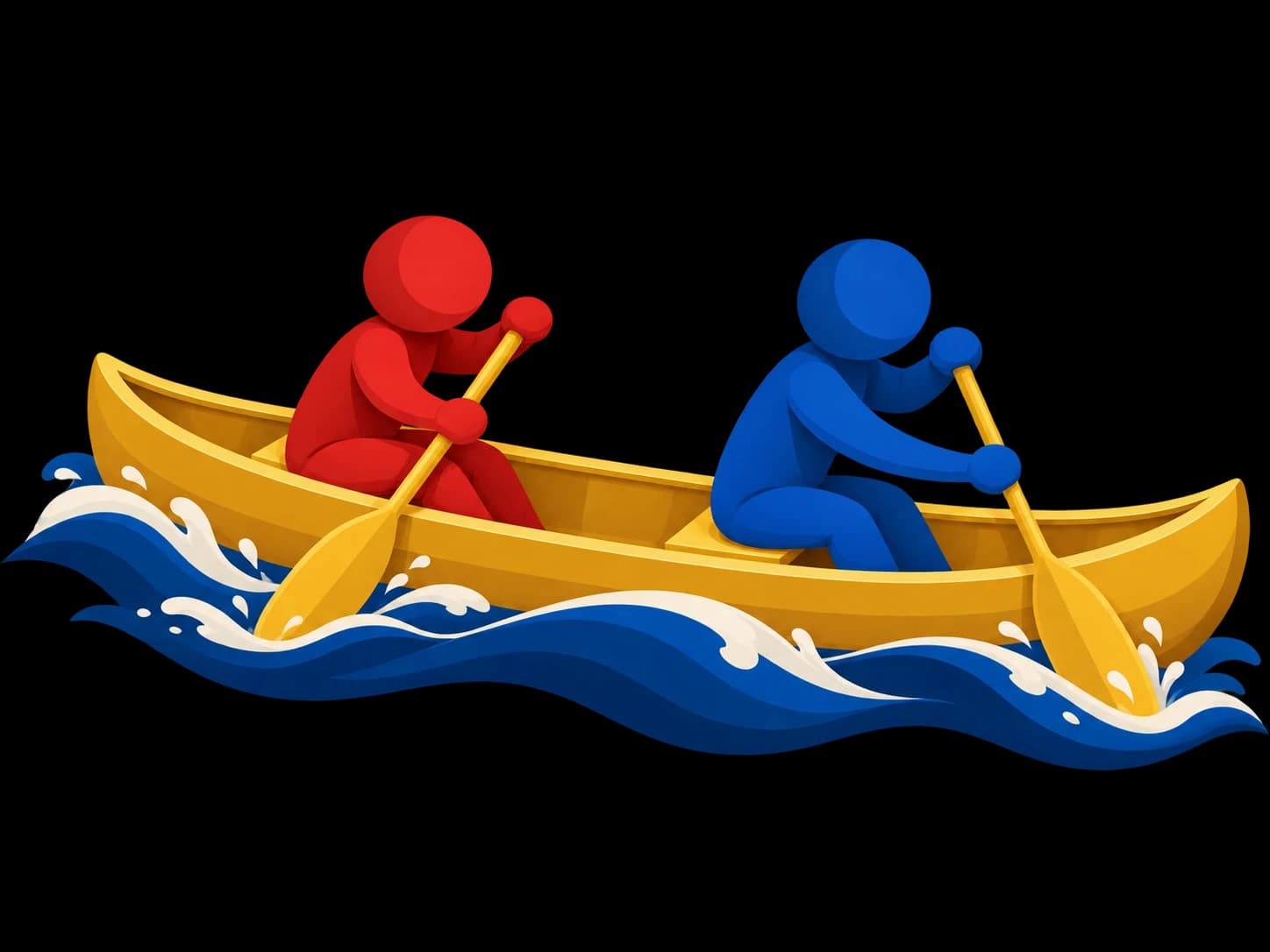 A red player and a blue player paddling a yellow canoe together through rolling blue waves.