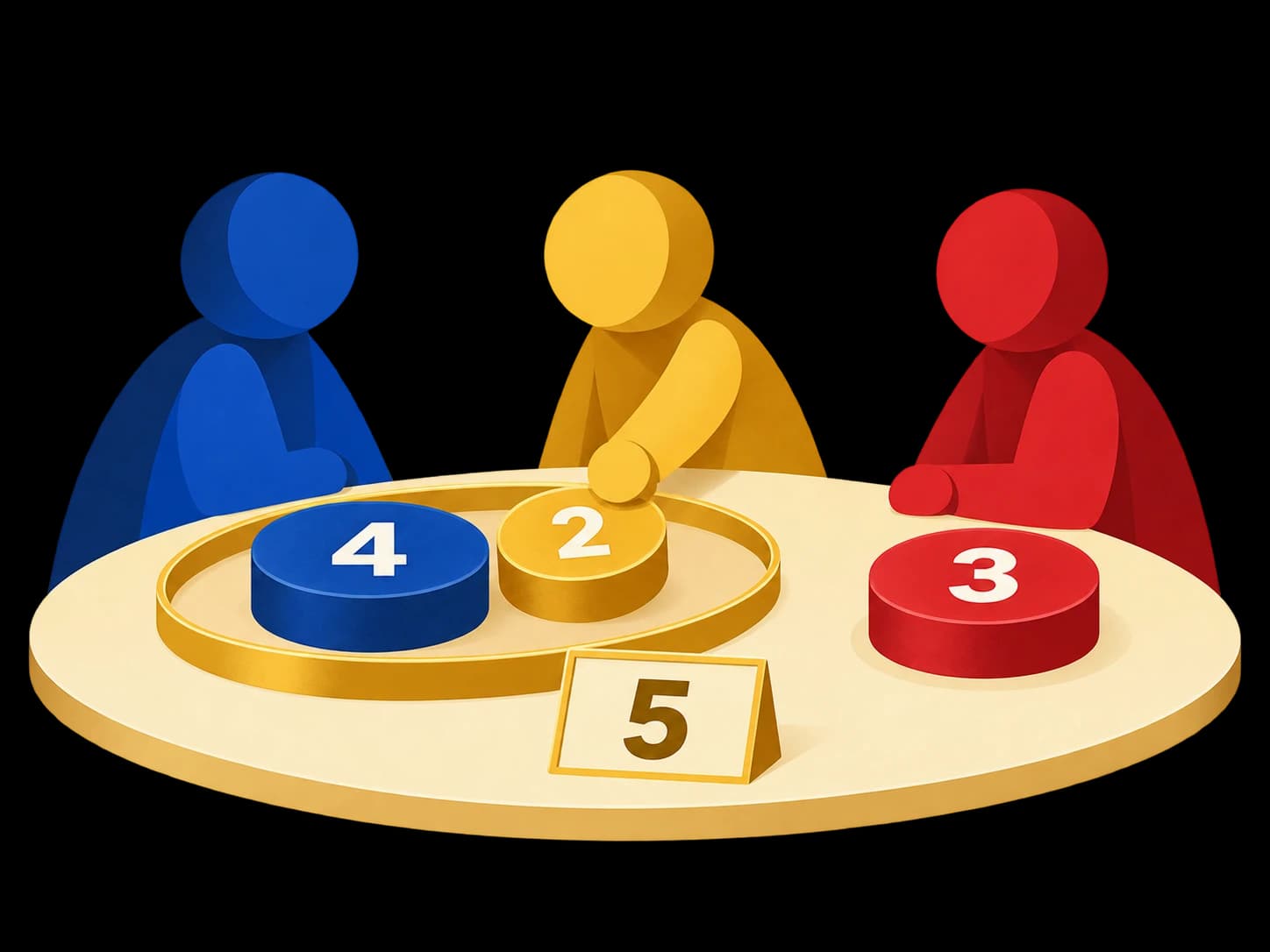 A blue voter with weight 4, a yellow voter with weight 2 and a red voter with weight 3 around a round table, with a quota card reading 5 and a gold ring around the blue and yellow weights.