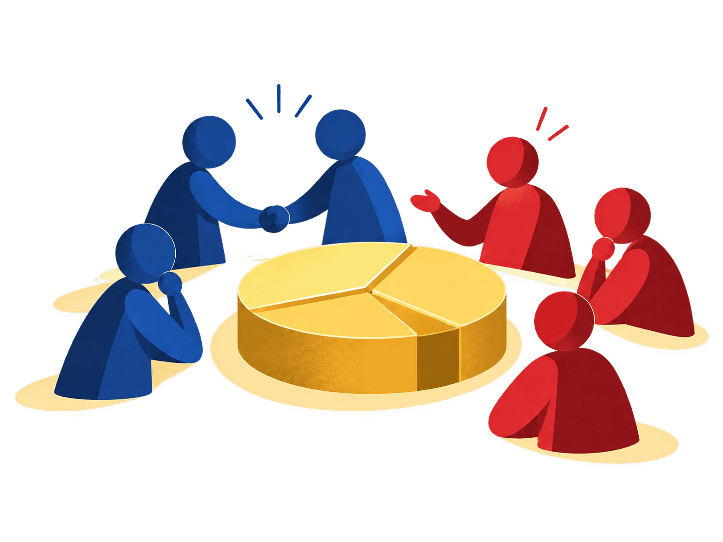 Blue and red players negotiating around a shared payoff
